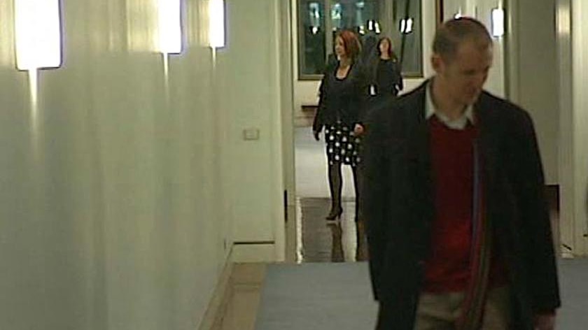 Julia Gillard enters Kevin Rudd's office amid rumours of a leadership challenge on June 23, 2010.