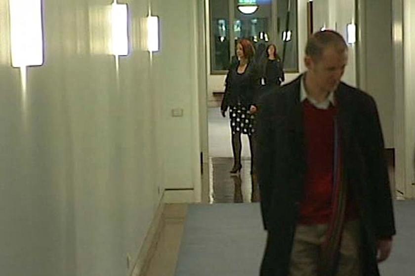 Julia Gillard enters Kevin Rudd's office amid rumours of a leadership challenge on June 23, 2010.