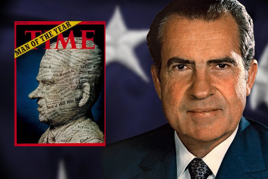 Richard Nixon with his person of the year magazine cover as inset 