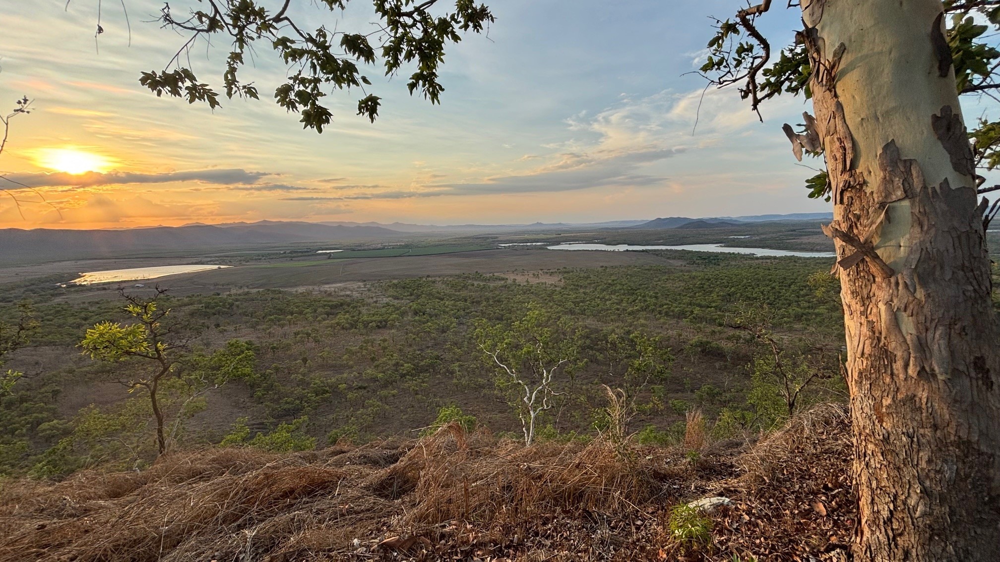 Al atardecer, un vasto paisaje rural se extiende hasta el horizonte, con árboles y canales visibles debajo de la cima de una colina.