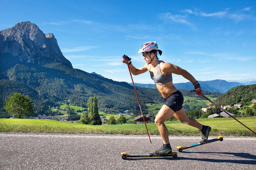 Marit Bjoergen trains on roller skis