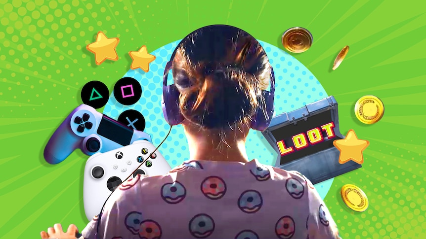 Colourful graphic of a girl pictured from behind wearing headphones, with game controllers, coins and stars around her.