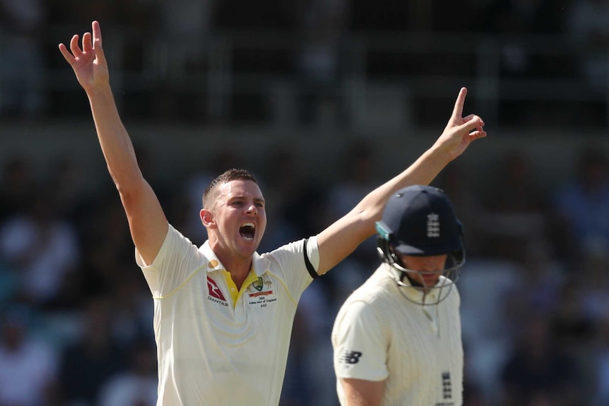 Australia bowler Josh Hazlewood raises both arms in celebration after removing Joe Root, in the foreground, during an Ashes Test
