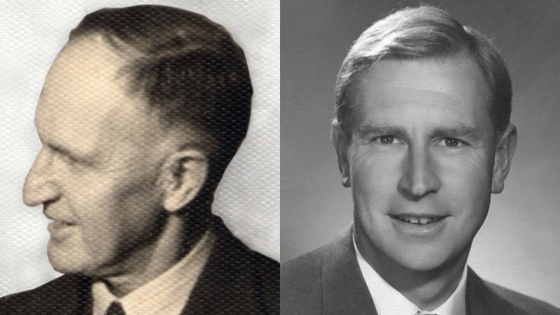 Two black and white images of the men in suits.