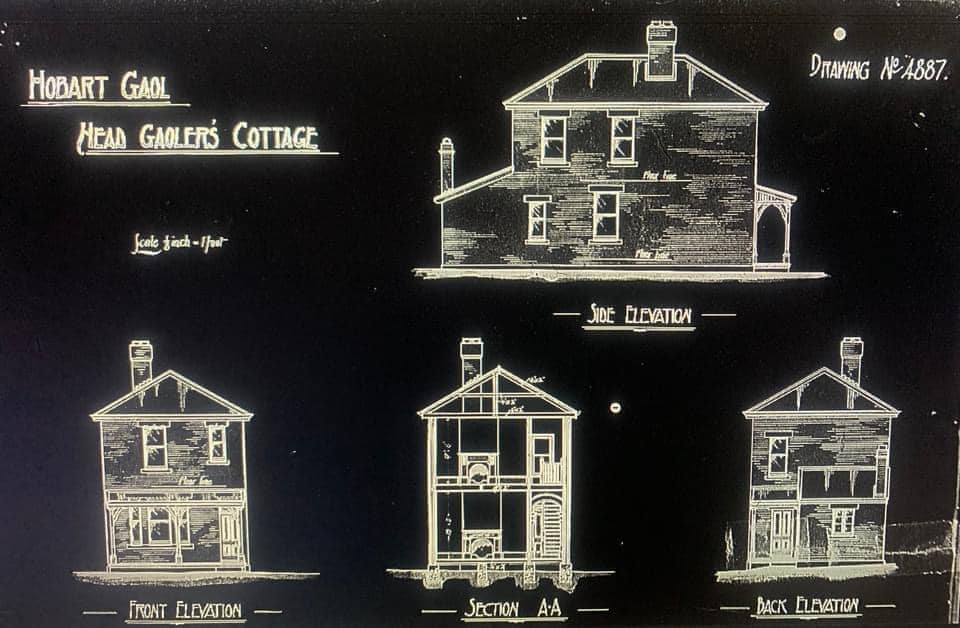 Bocetos con bolígrafo blanco del edificio de la cárcel de Hobart desde diferentes ángulos