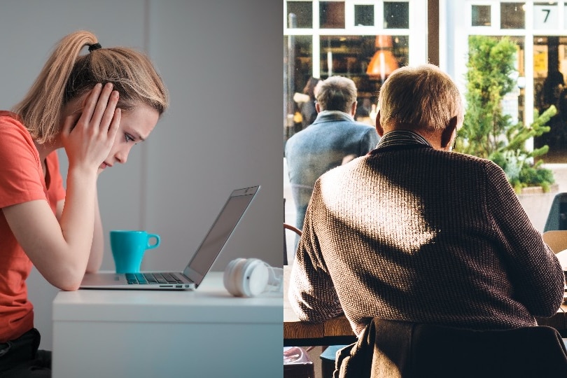 Composite image of a young woman at laptop, older man at cafe