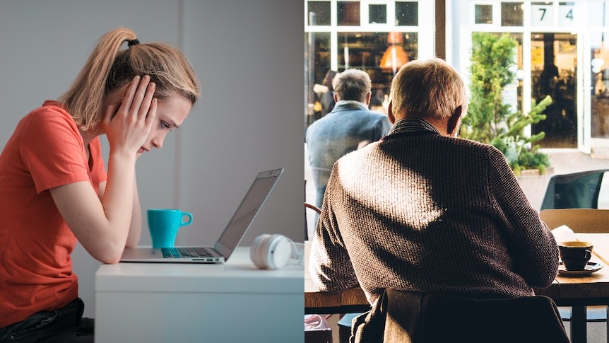 Composite image of a young woman at laptop, older man at cafe