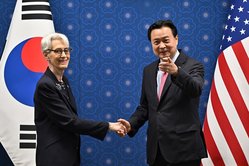两人在韩国和美国国旗前握手。