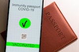An illustration of a passport and digital certificate displaying vaccination status.