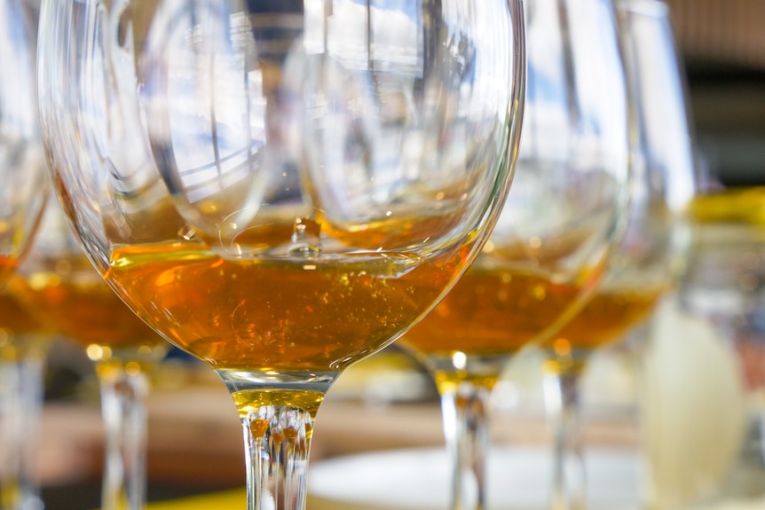 A row of wine glasses containing golden honey. 