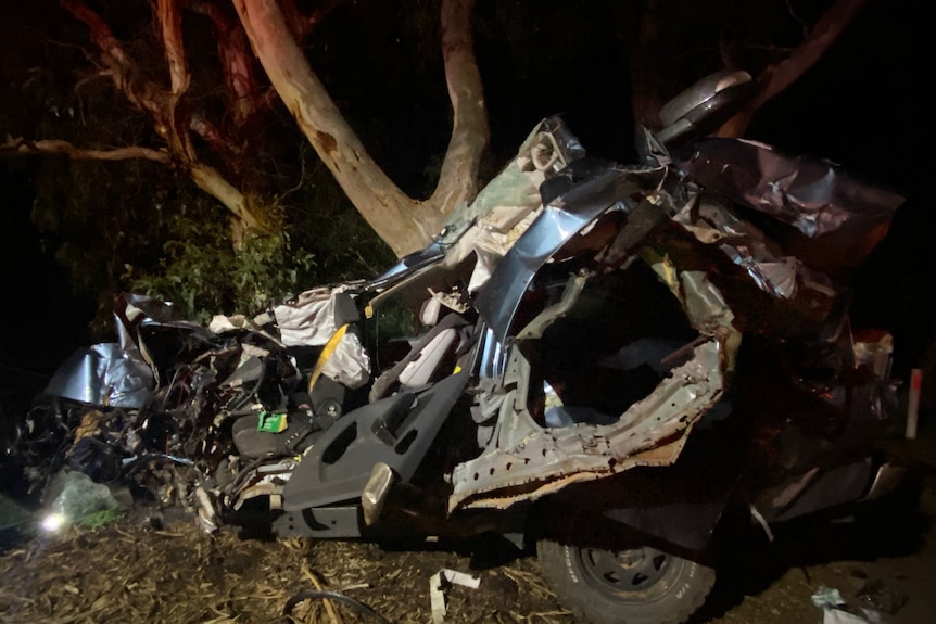 A twisted wreck of a car near a tree