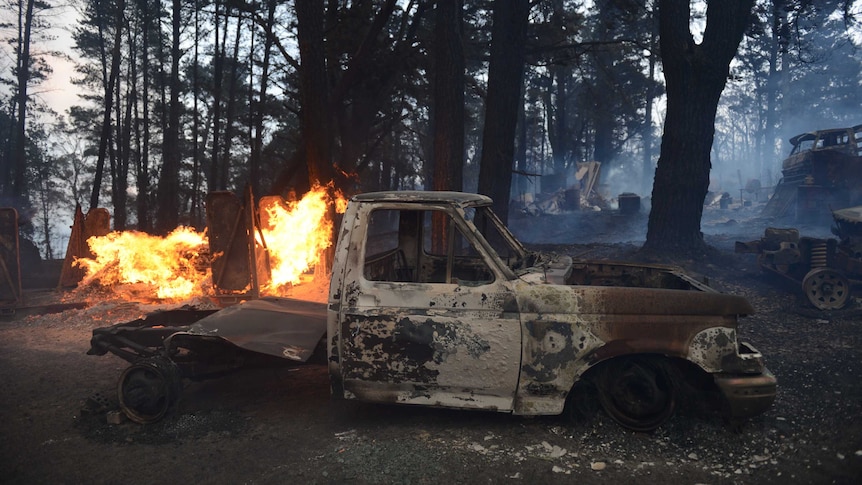 A ute gutted by bushfire in the historic township of Newnes Junction, north of Lithgow.