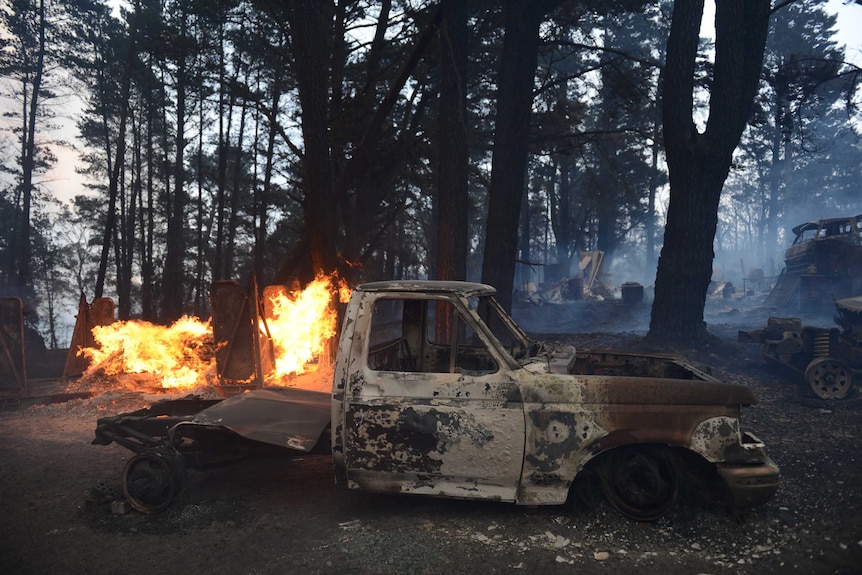 A ute gutted by bushfire in the historic township of Newnes Junction, north of Lithgow.