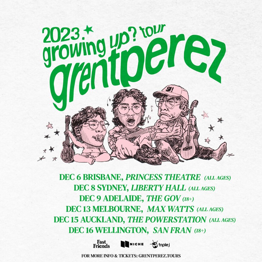 Green and white poster for grentperez's 2023 tour.