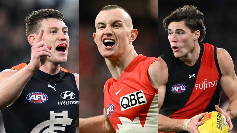 A split image of three AFL players, one from Carlton, one from Sydney and one from Essendon.