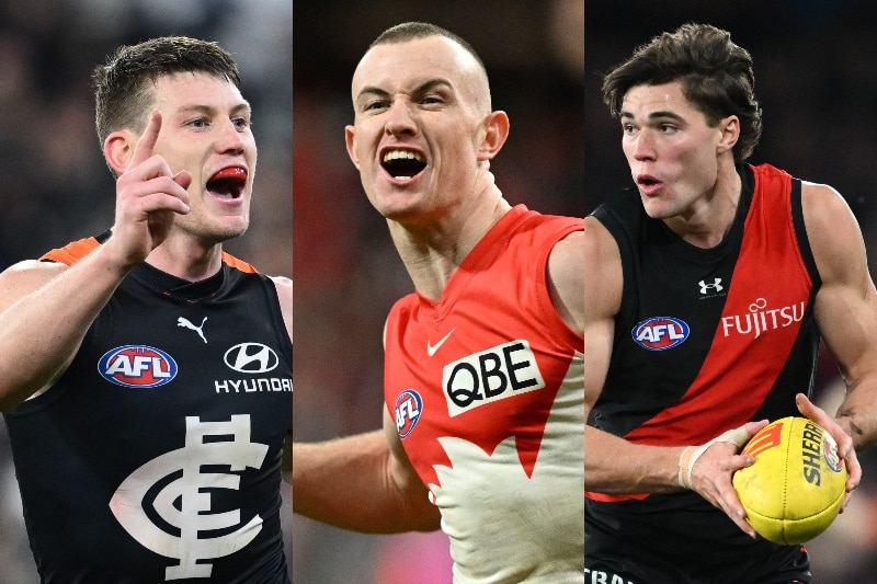 A split image of three AFL players, one from Carlton, one from Sydney and one from Essendon.