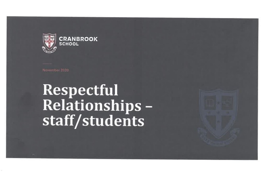 An opening slide in a powerpoint presentation. It reads 'Respectful relationships - staff/students' and has the Cranbrook logo.
