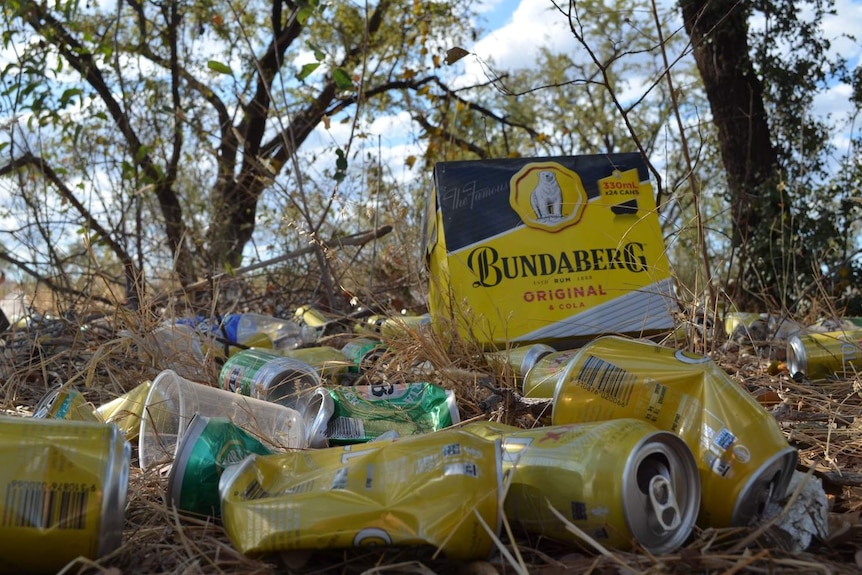 Alcohol litters the roadside on the outskirts of Doomadgee