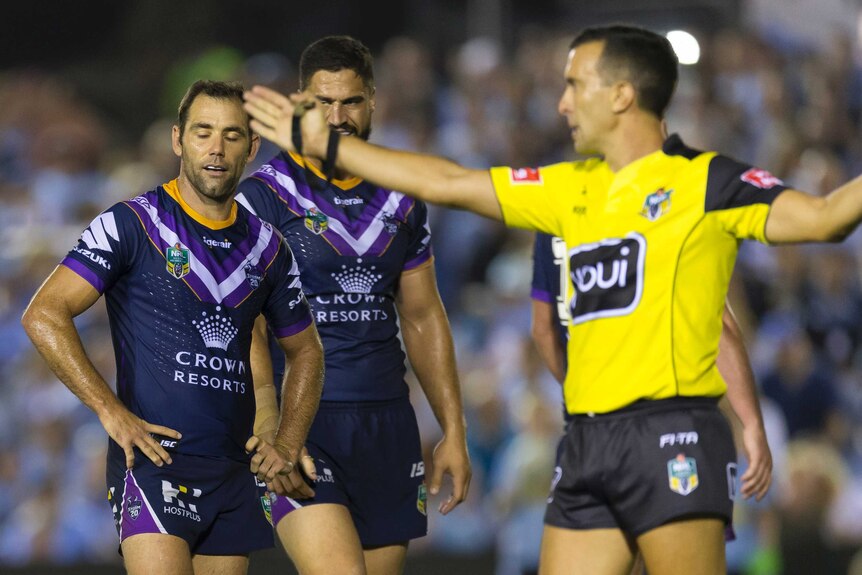 Melbourne Storm captain Cameron Smith looks frustrated as a referee blows a penalty