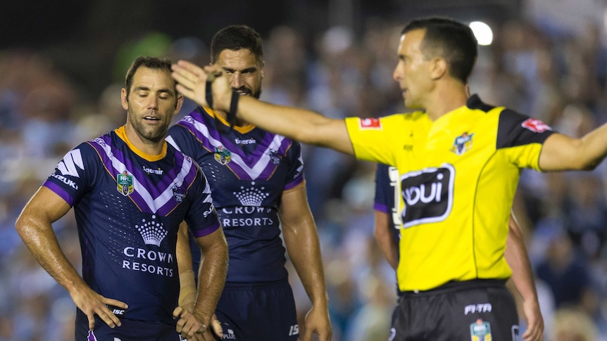 Melbourne Storm captain Cameron Smith looks frustrated as a referee blows a pently