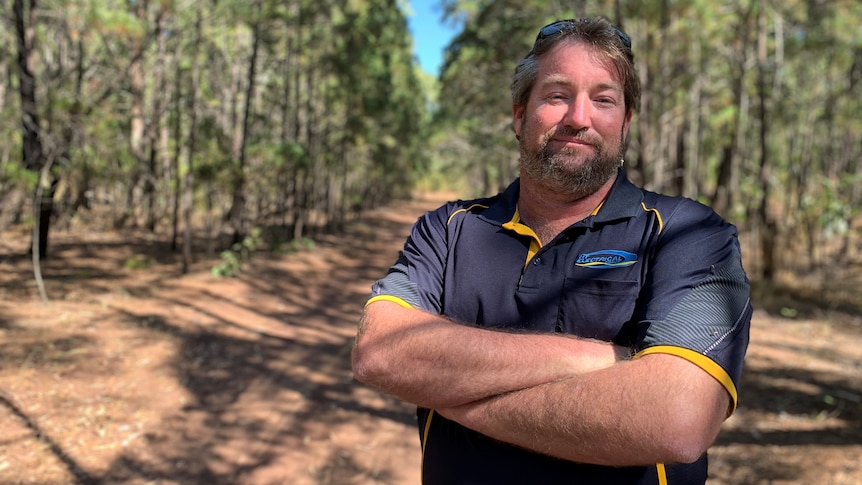 Man in a forest with arms folded on a sunny day.