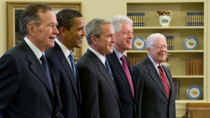 LtoR George HW Bush, Barack Obama, George W Bush, Bill Clinton and Jimmy Carter