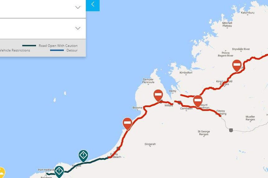 Main Roads Western Australia map showing closure of Great Northern Highway.