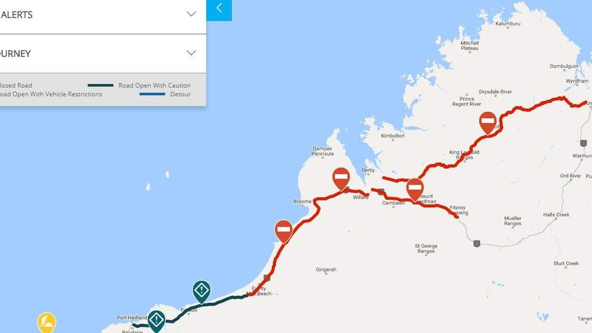 Main Roads Western Australia map showing closure of Great Northern Highway.