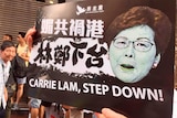 Protesters carry placards calling for Carrie Lam to step down at protests in Hong Kong in June 2019.