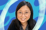 Comedian and ABC Everyday reporter Jennifer Wong with a blue background and a white brushstroke around her