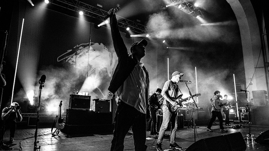 A black and white shot of DMA'S performing live at London's 02 Academy Brixton, 5 March 2020