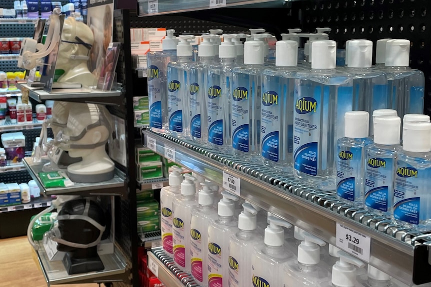 colourful display of hand sanitiser which has been moved so staff can monitor thefts and purchases.