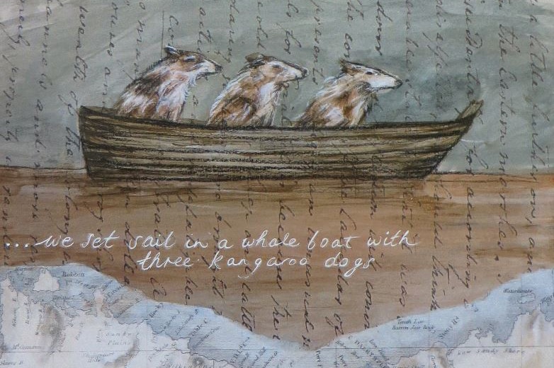 Picture of a painting of three dogs in a boat