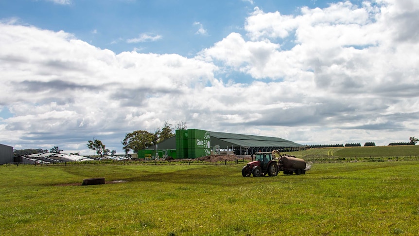 Farmer Mark Trigg spraying cow manure across his pastures, with the biodigester in the background.