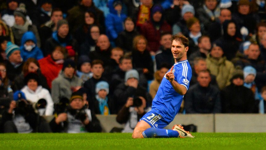 Chelsea's Branislav Ivanovic celebrates his Premier League goal against Manchester City.