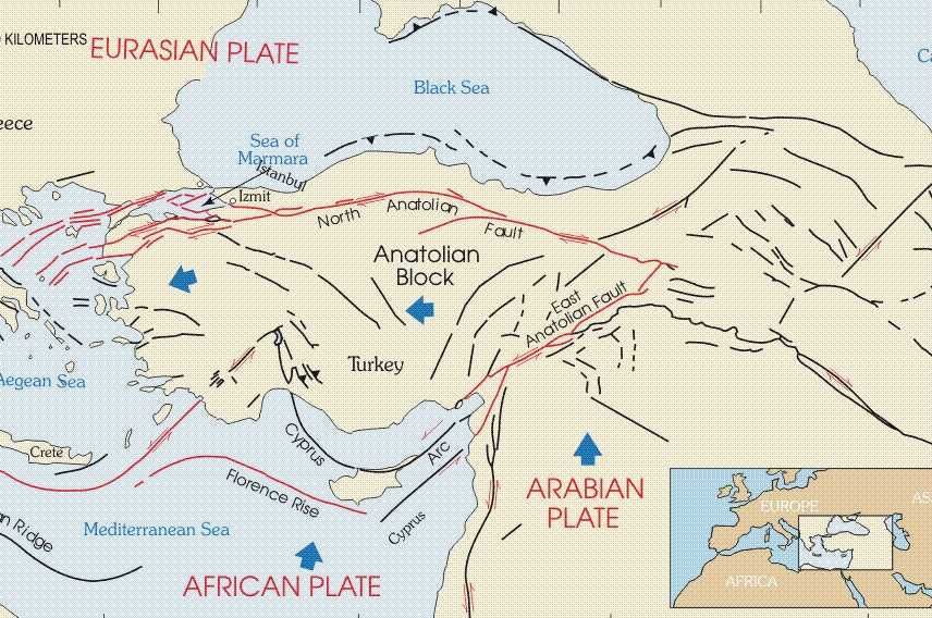 A cream and blue map of Turkey showing the country's two primary tectonic fault lines.