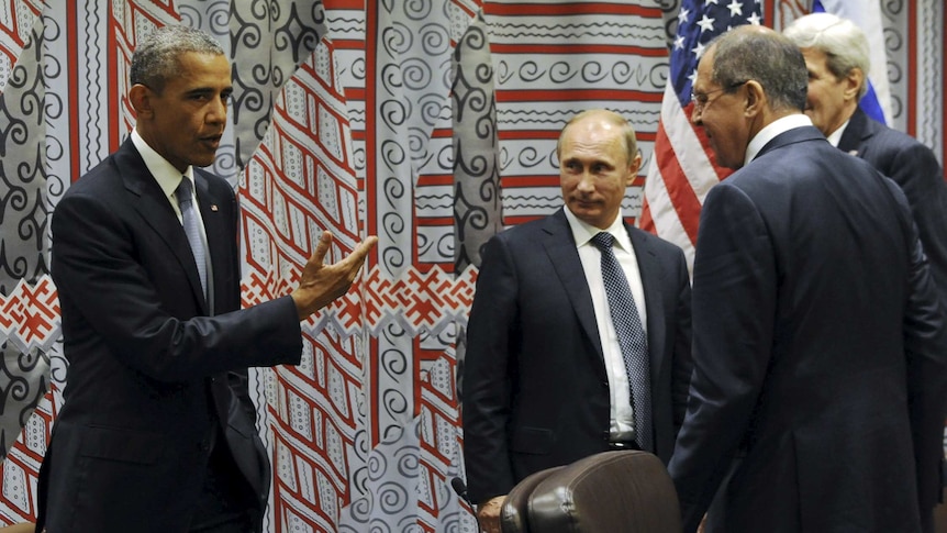 Russia's president Vladimir Putin, foreign minister Sergei Lavrov and US president Barack Obama