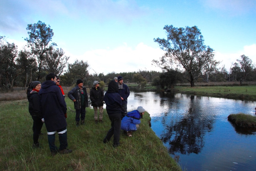 Volunteer tree planters rest by a lake