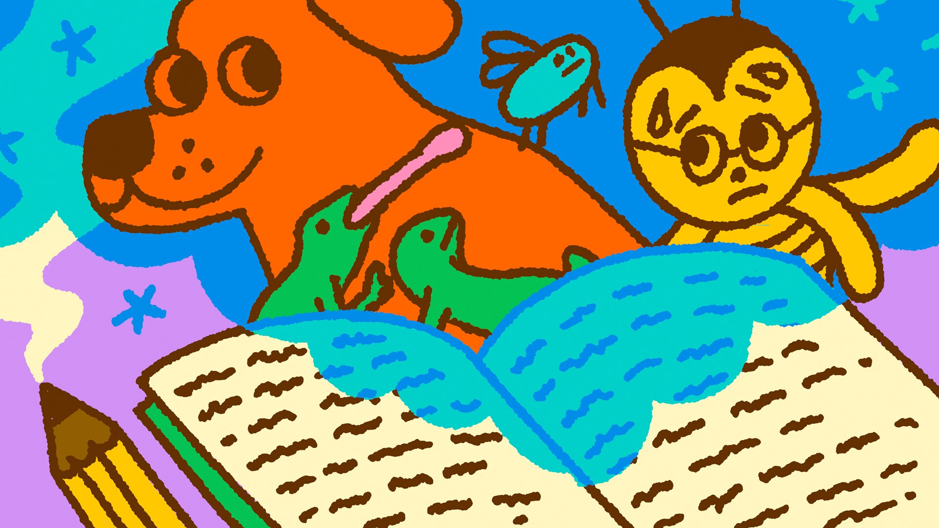 Graphic drawing of dog and bee beside an open book