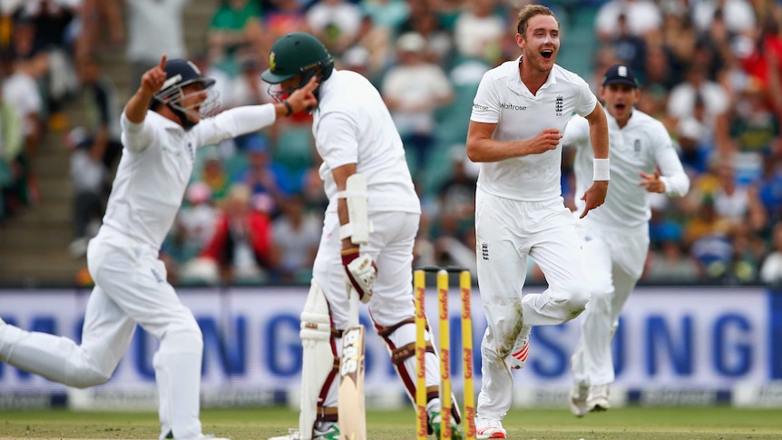 England's Stuart Broad celebrates the wicket of South Africa's Hashim Amla at Wanderers