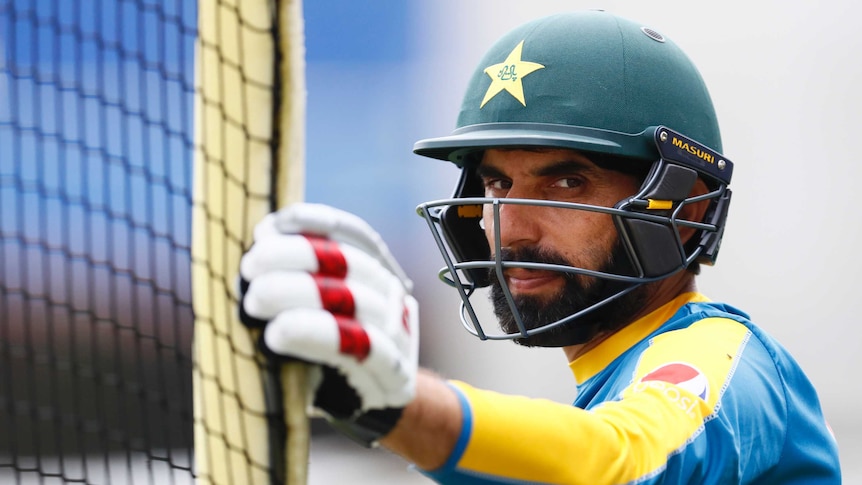 Misbah-ul-Haq in the nets gazing menacingly