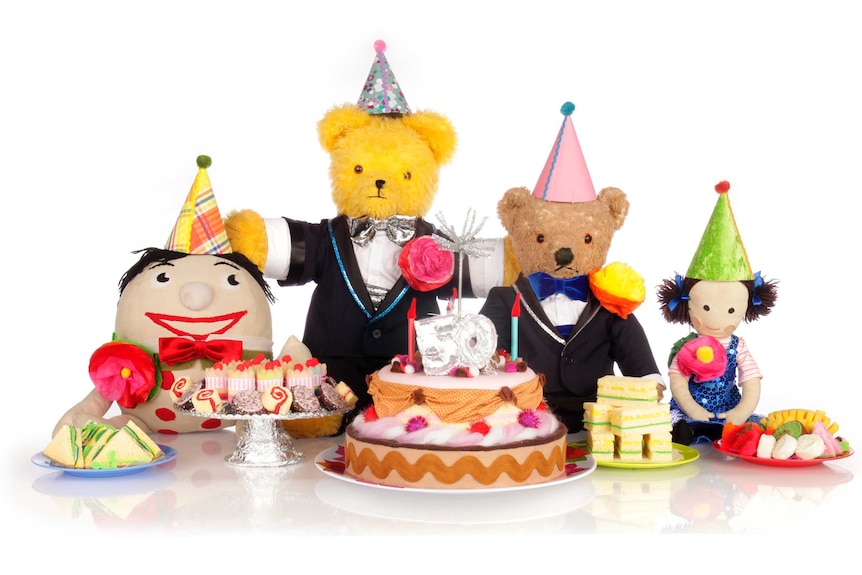 Play School stuffed toys Humpty, Big Ted, Little Ted and Jemima celebrate 50 years on TV with party hats, cakes and sandwiches.
