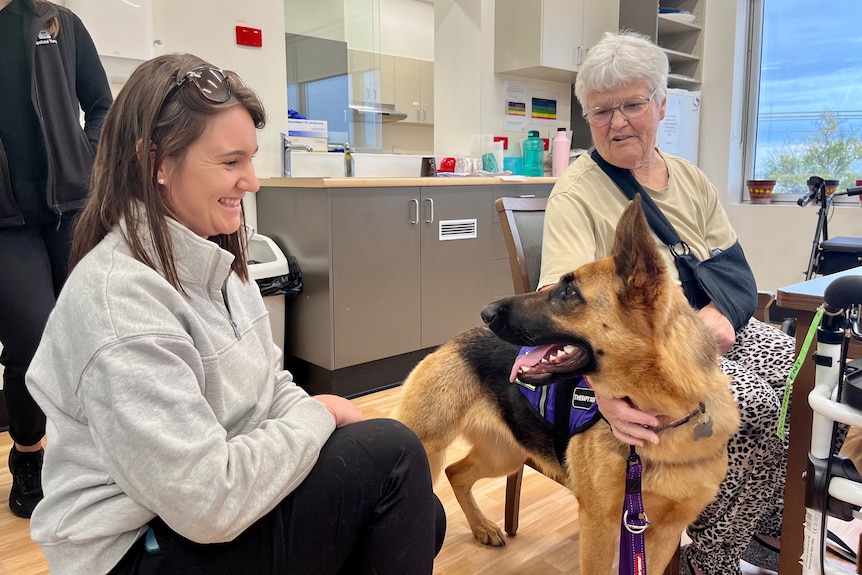 A hospital patient with a therapy dog and handler.