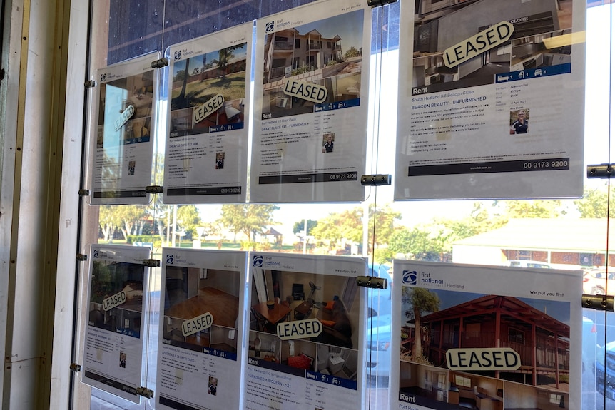 A window covered with flyers of A4  paper advertising homes. They all have the word 'leased' on them.