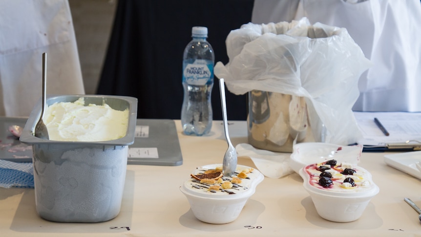 Ice-cream and gelato lined up for judging.