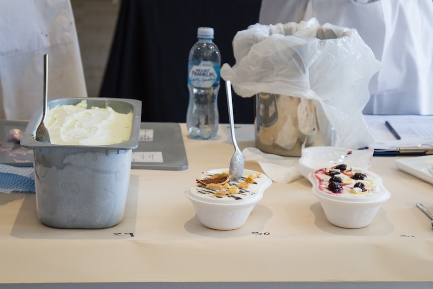 Ice-cream and gelato lined up for judging.