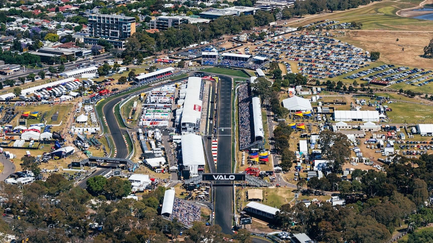 A car race and city from the air