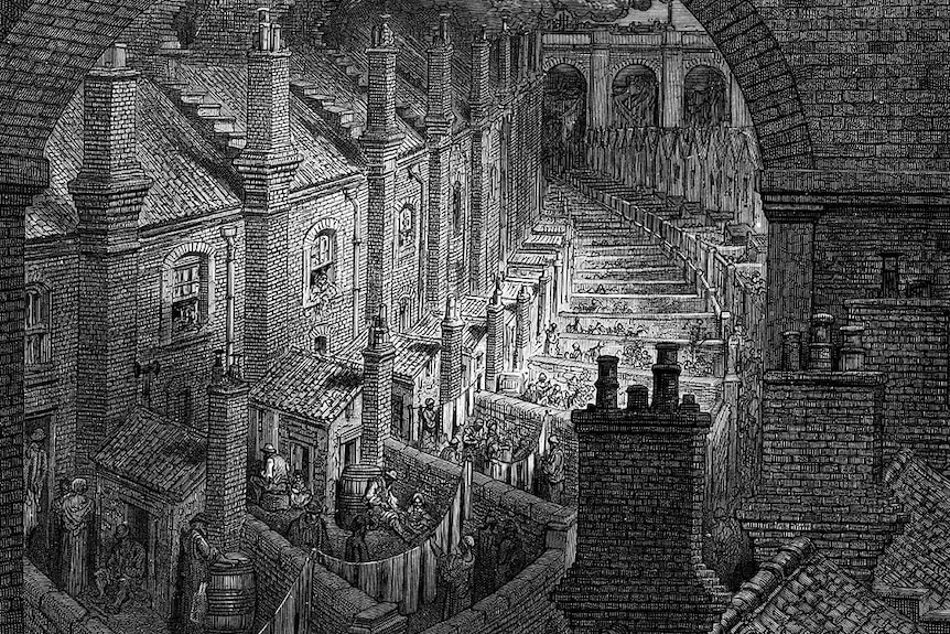 A vintage engraving showing a scene from 19th Century London England of terraced houses in inner-city London