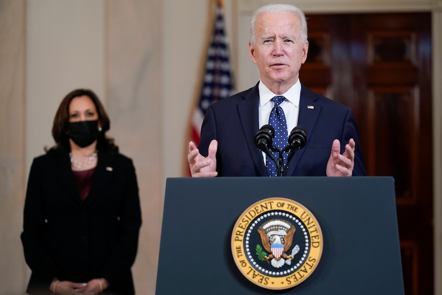 .President Joe Biden, accompanied by Vice President Kamala Harris.