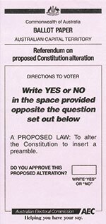 a pink ballot paper for the 1999 Australian republic referendum asking about whether the voter supported adding a preamble